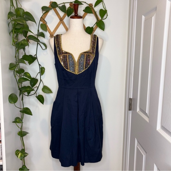 ANTHROPOLOGIE Moulinette Soeurs Navy Gold Trim Beading Dress - Picture 3 of 13